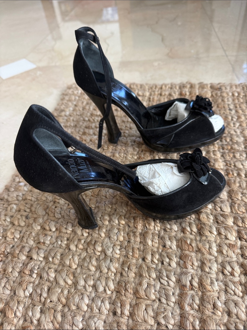 Nando Muzi Black Peep-Toe High Heels with Floral Appliqué